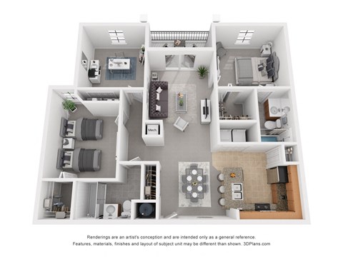 Floor plan for 2 beds, 2 baths, 1101 sqft